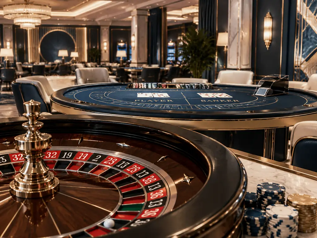 Ilustrasi interior kasino dengan meja kartu dan roulette