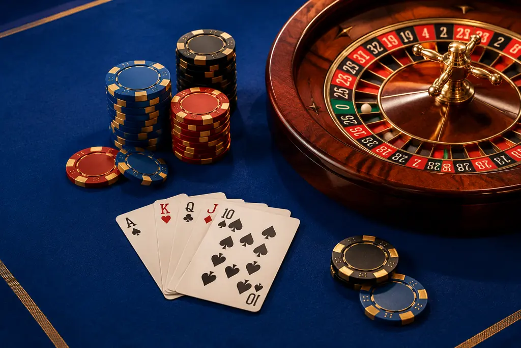 Kartu, roda roulette dan chip di atas meja kasino biru