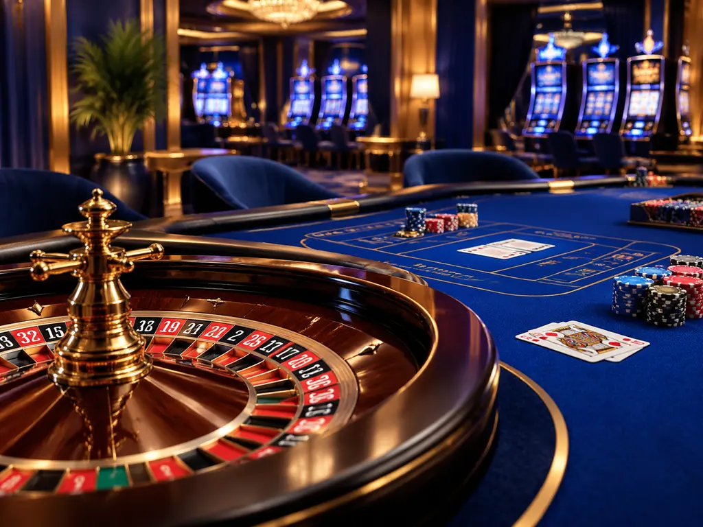 Meja roulette dan baccarat dalam ruang kasino bernuansa biru kobalt
