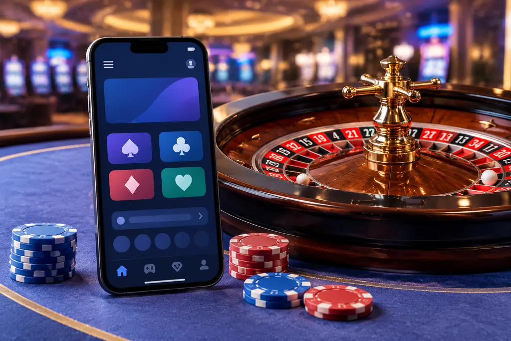 Ilustrasi ponsel di samping meja roulette