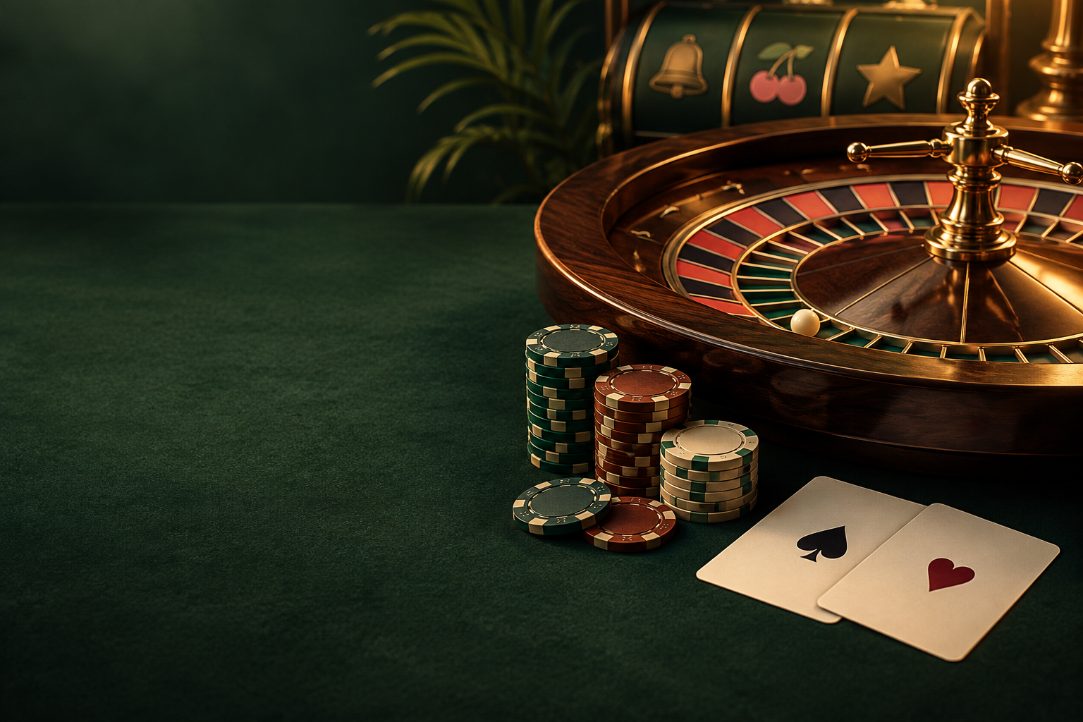 Ilustrasi roda roulette, kartu dan chip di meja kasino